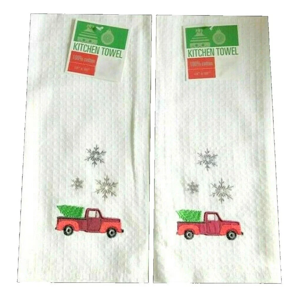 Christmas Dish Towels Set of 2 Red Farm Truck Waffle Weave Kitchen Embroidered